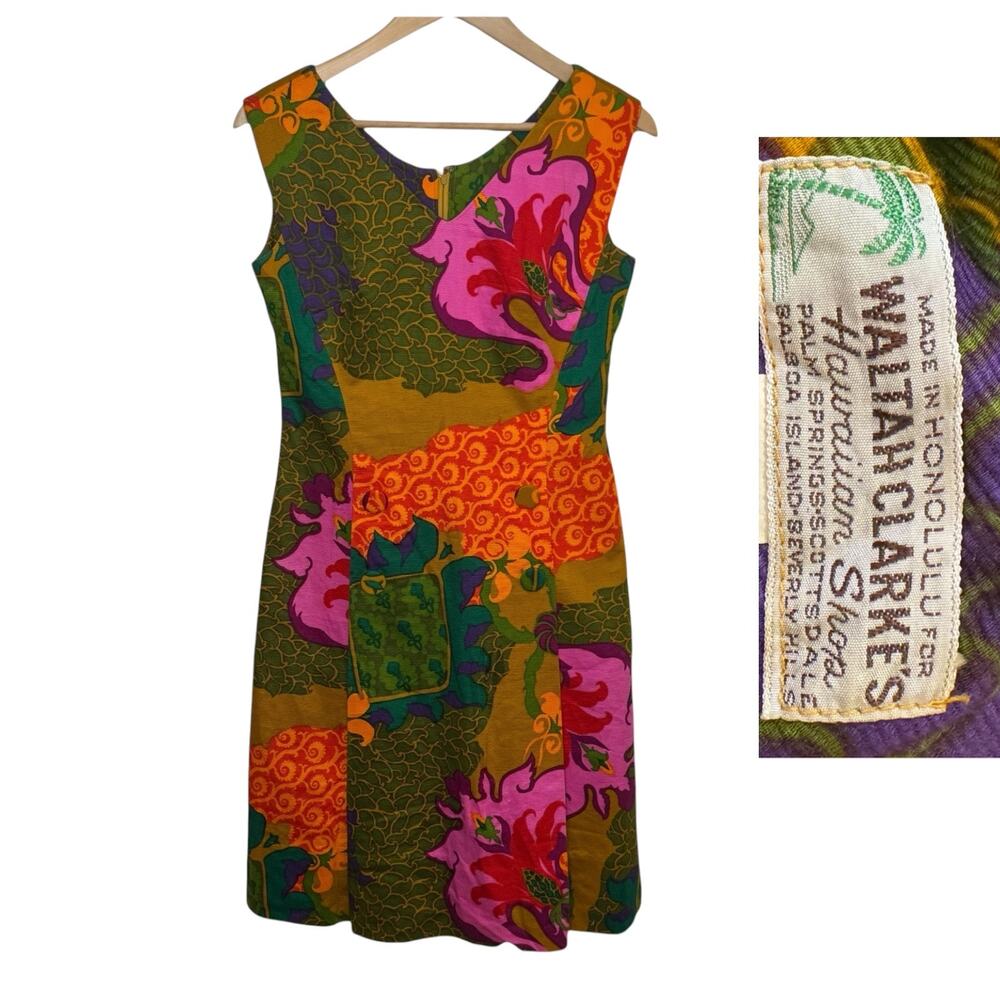 1960's Waltah Clarke's Hawaiian Shop Size 10 Barkcloth Made in Honolulu Dress